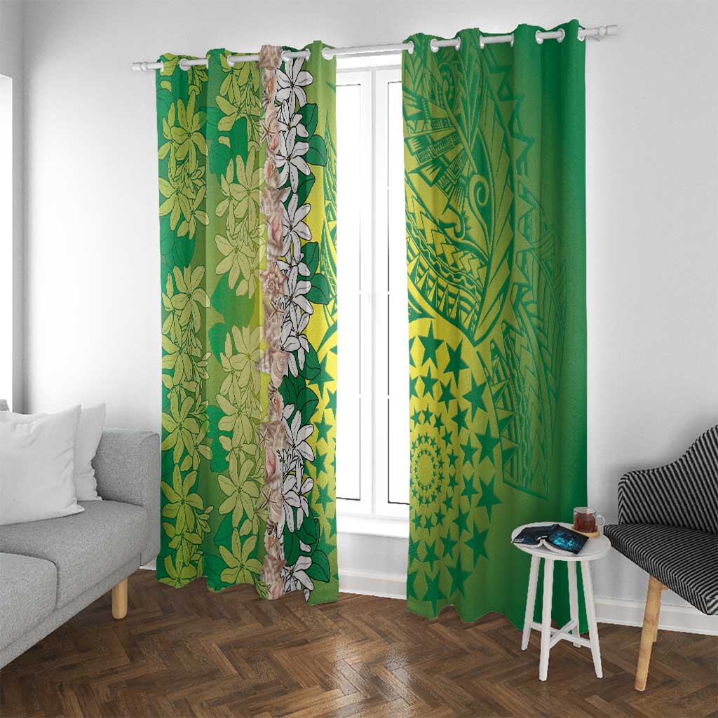 Cook Islands Tiare Maori With Conch Shell Window Curtain Pasifika Fest Polynesian Tattoo Green LT14 With Grommets Green - Polynesian Pride