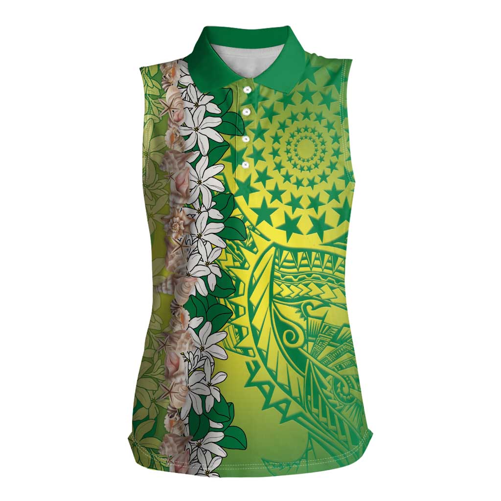 Cook Islands Tiare Maori With Conch Shell Women Sleeveless Polo Shirt Pasifika Fest Polynesian Tattoo Green LT14 Female Green - Polynesian Pride
