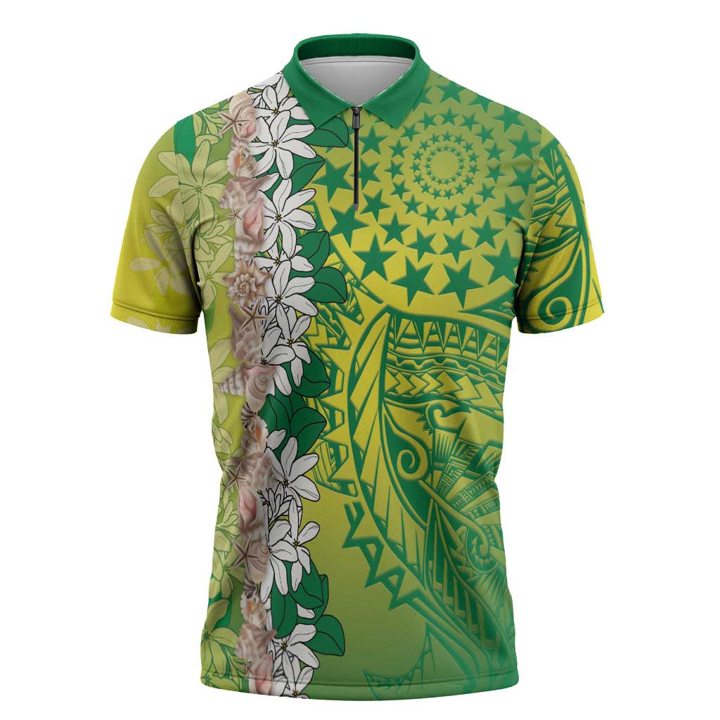 Cook Islands Tiare Maori With Conch Shell Zipper Polo Shirt Pasifika Fest Polynesian Tattoo Green LT14 Green - Polynesian Pride