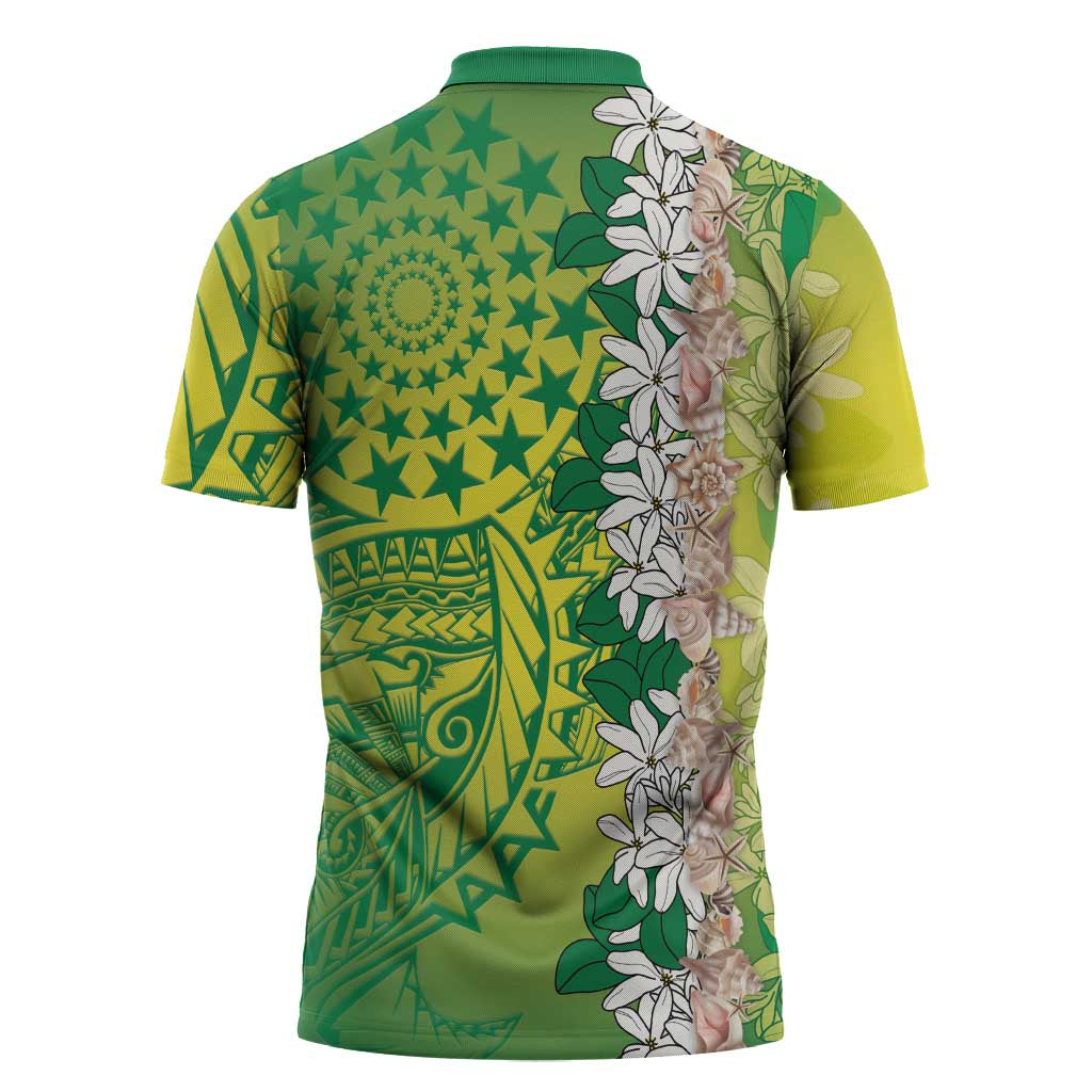 Cook Islands Tiare Maori With Conch Shell Zipper Polo Shirt Pasifika Fest Polynesian Tattoo Green LT14 - Polynesian Pride
