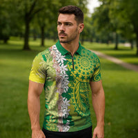 Cook Islands Tiare Maori With Conch Shell Zipper Polo Shirt Pasifika Fest Polynesian Tattoo Green LT14 - Polynesian Pride