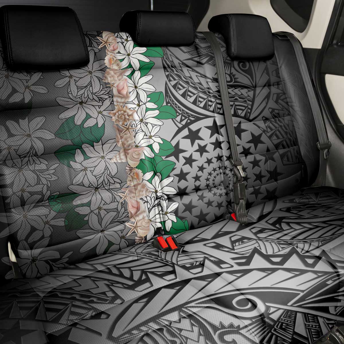 Cook Islands Tiare Maori With Conch Shell Back Car Seat Cover Pasifika Fest Polynesian Tattoo Black