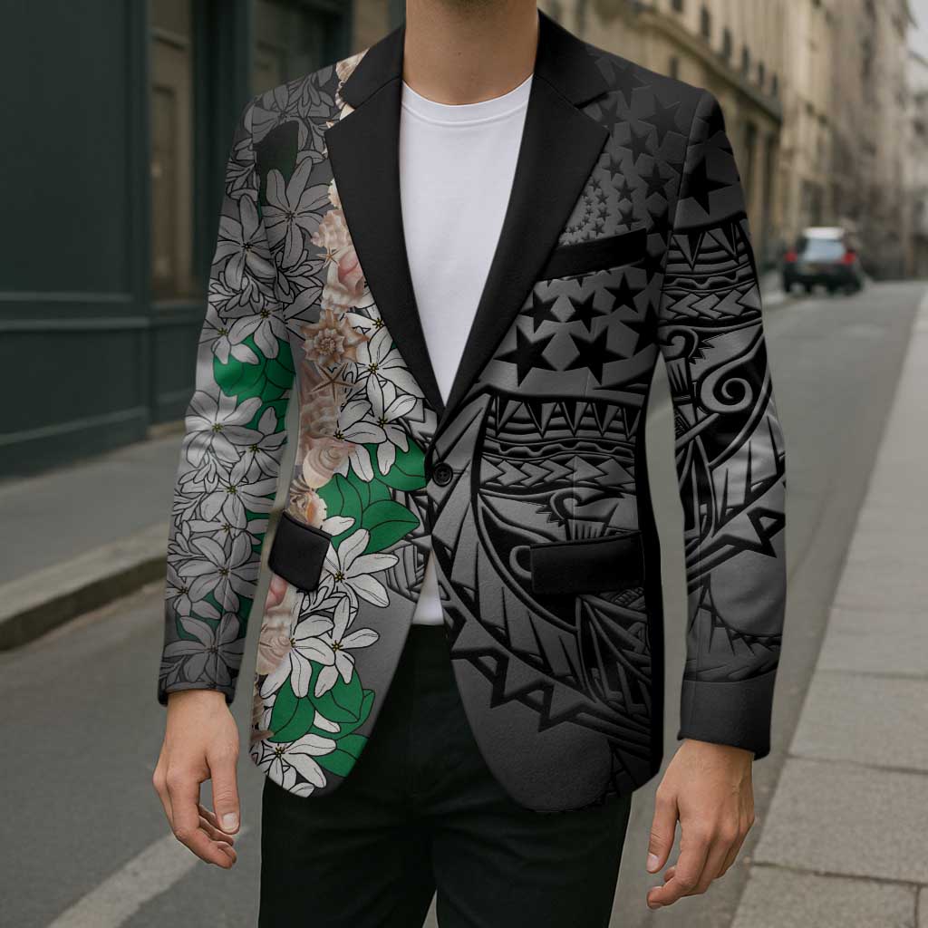 Cook Islands Tiare Maori With Conch Shell Blazer Pasifika Fest Polynesian Tattoo Black LT14 - Polynesian Pride