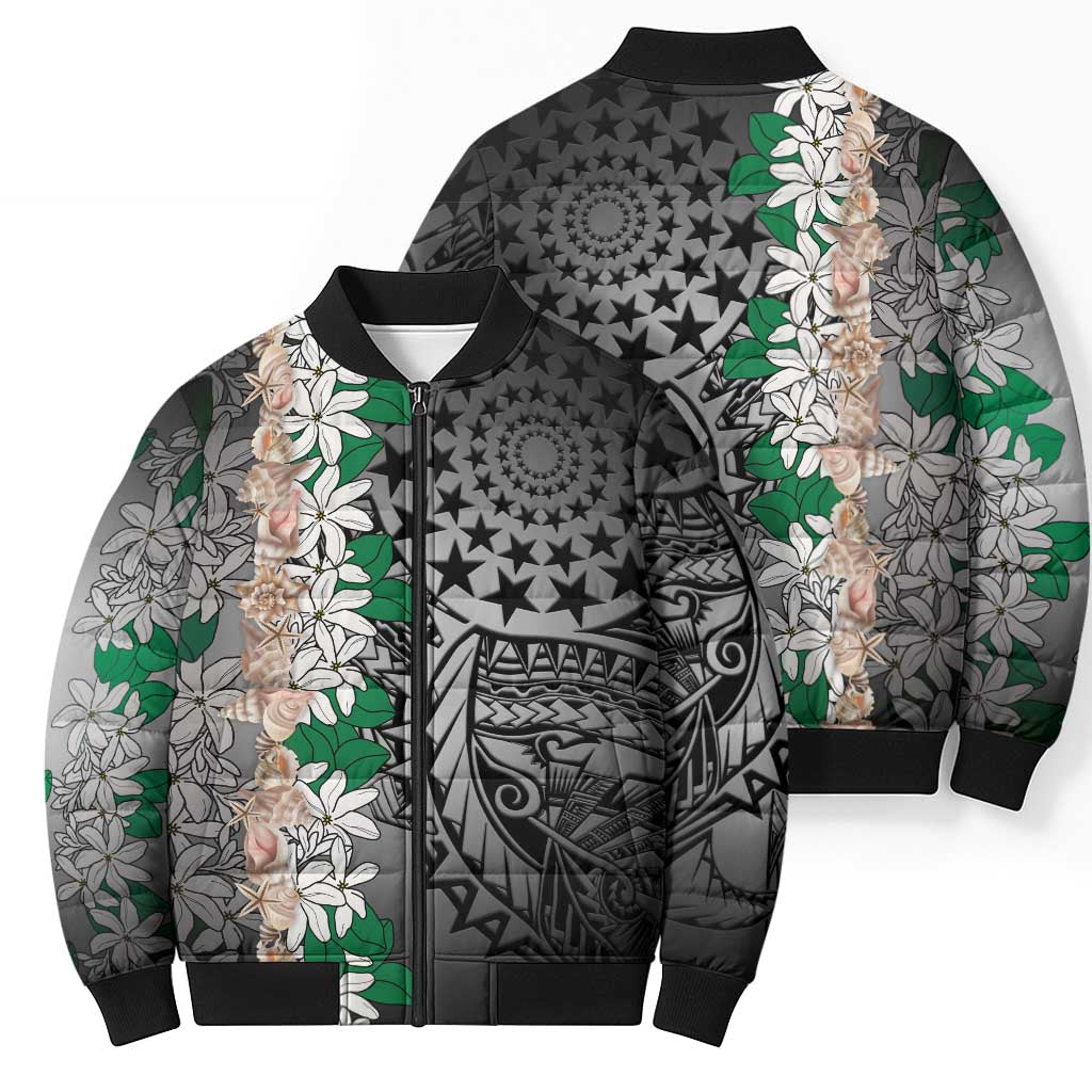 Cook Islands Tiare Maori With Conch Shell Bomber Puffer Jacket Pasifika Fest Polynesian Tattoo Black LT14 - Polynesian Pride