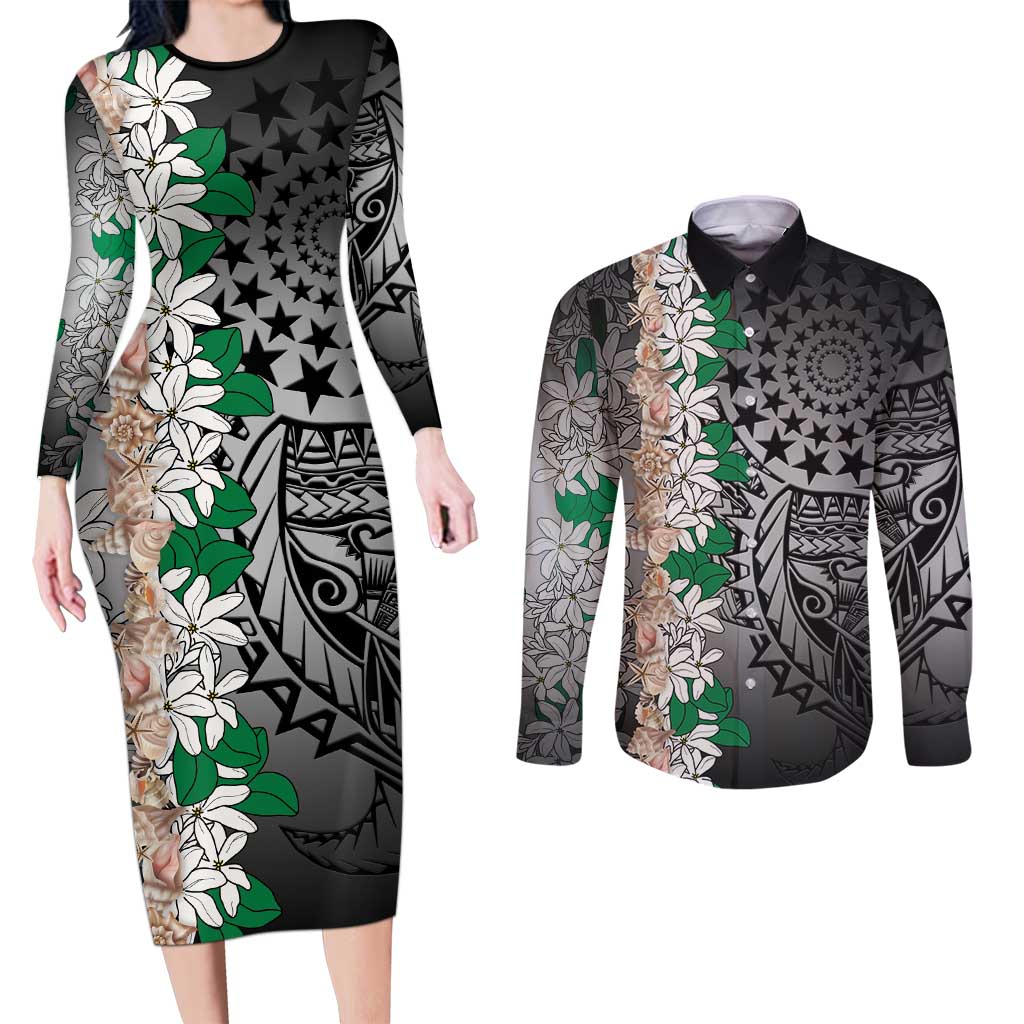 Cook Islands Tiare Maori With Conch Shell Couples Matching Long Sleeve Bodycon Dress and Long Sleeve Button Shirt Pasifika Fest Polynesian Tattoo Black LT14 Black - Polynesian Pride