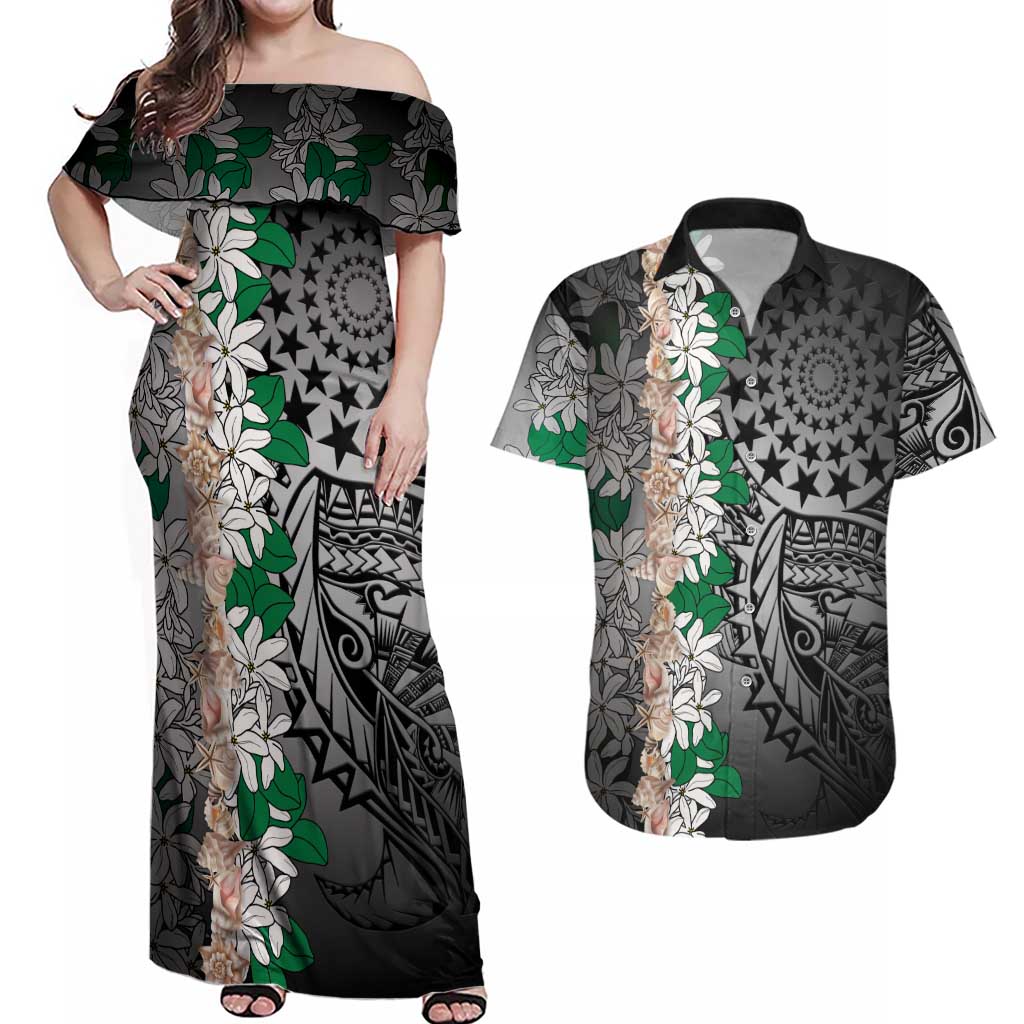Cook Islands Tiare Maori With Conch Shell Couples Matching Off Shoulder Maxi Dress and Hawaiian Shirt Pasifika Fest Polynesian Tattoo Black LT14 Black - Polynesian Pride