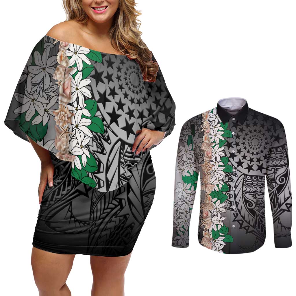 Cook Islands Tiare Maori With Conch Shell Couples Matching Off Shoulder Short Dress and Long Sleeve Button Shirt Pasifika Fest Polynesian Tattoo Black LT14 Black - Polynesian Pride