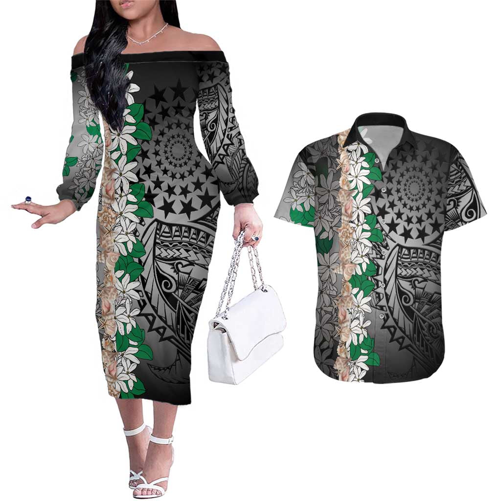Cook Islands Tiare Maori With Conch Shell Couples Matching Off The Shoulder Long Sleeve Dress and Hawaiian Shirt Pasifika Fest Polynesian Tattoo Black LT14 Black - Polynesian Pride