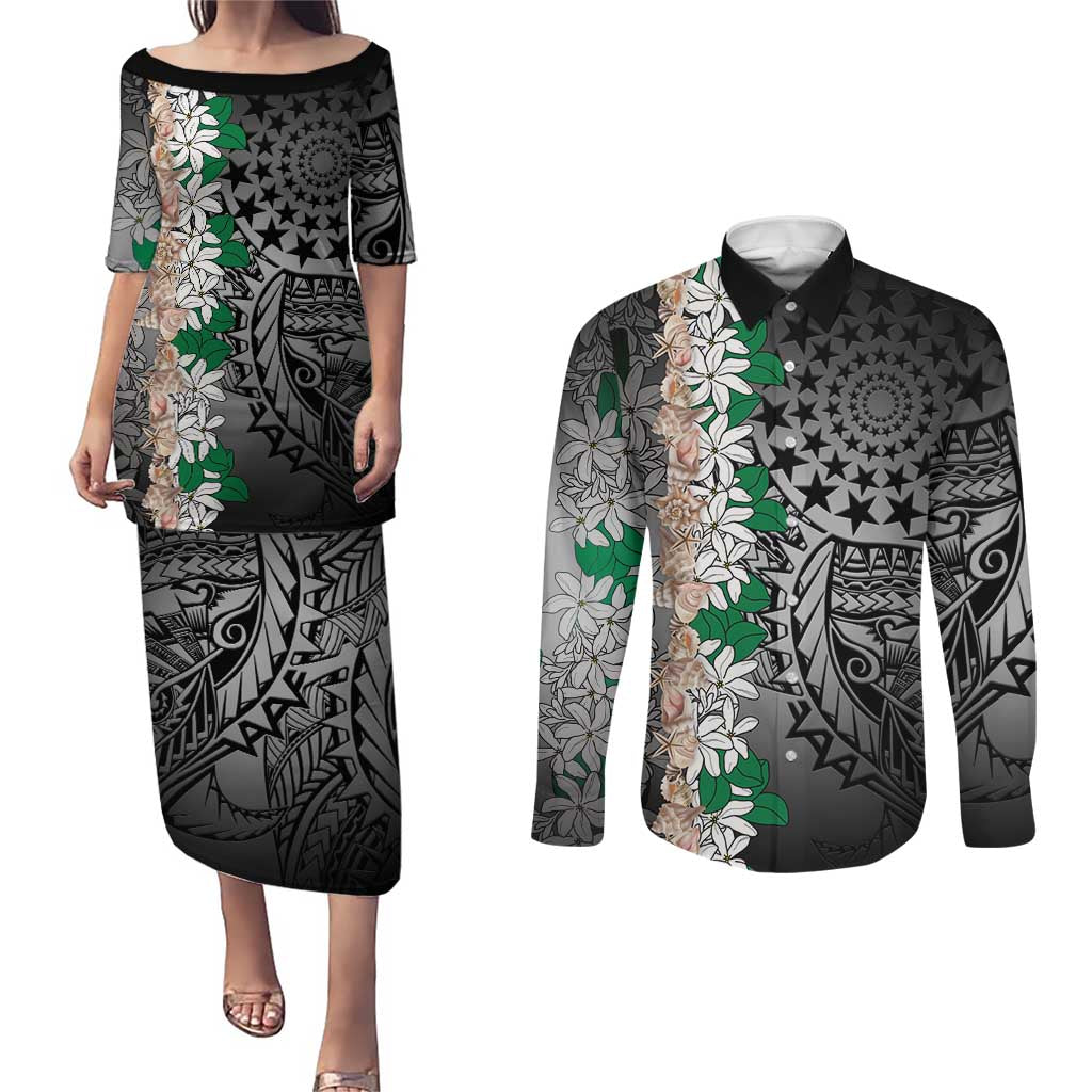 Cook Islands Tiare Maori With Conch Shell Couples Matching Puletasi and Long Sleeve Button Shirt Pasifika Fest Polynesian Tattoo Black LT14 Black - Polynesian Pride