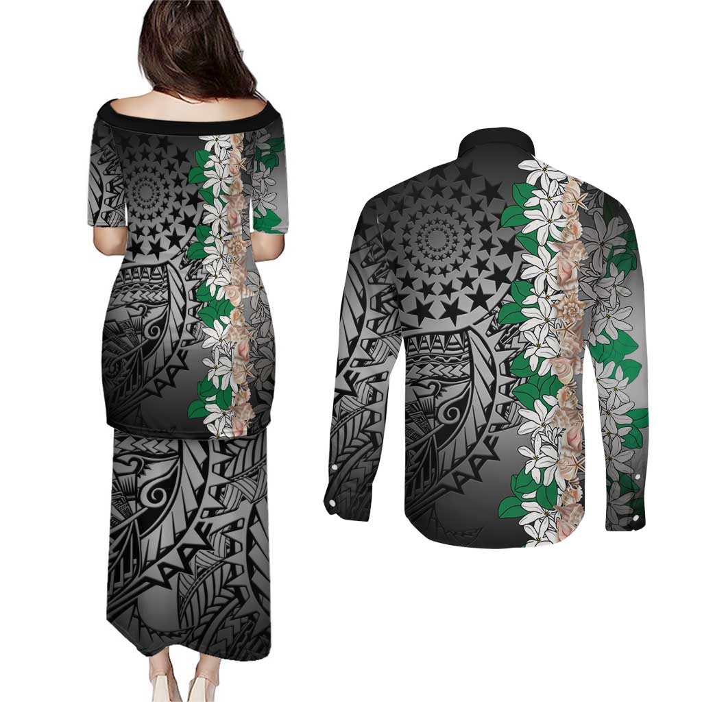 Cook Islands Tiare Maori With Conch Shell Couples Matching Puletasi and Long Sleeve Button Shirt Pasifika Fest Polynesian Tattoo Black LT14 - Polynesian Pride