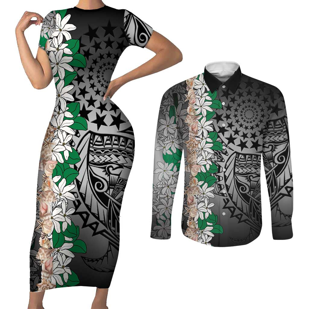 Cook Islands Tiare Maori With Conch Shell Couples Matching Short Sleeve Bodycon Dress and Long Sleeve Button Shirt Pasifika Fest Polynesian Tattoo Black LT14 Black - Polynesian Pride