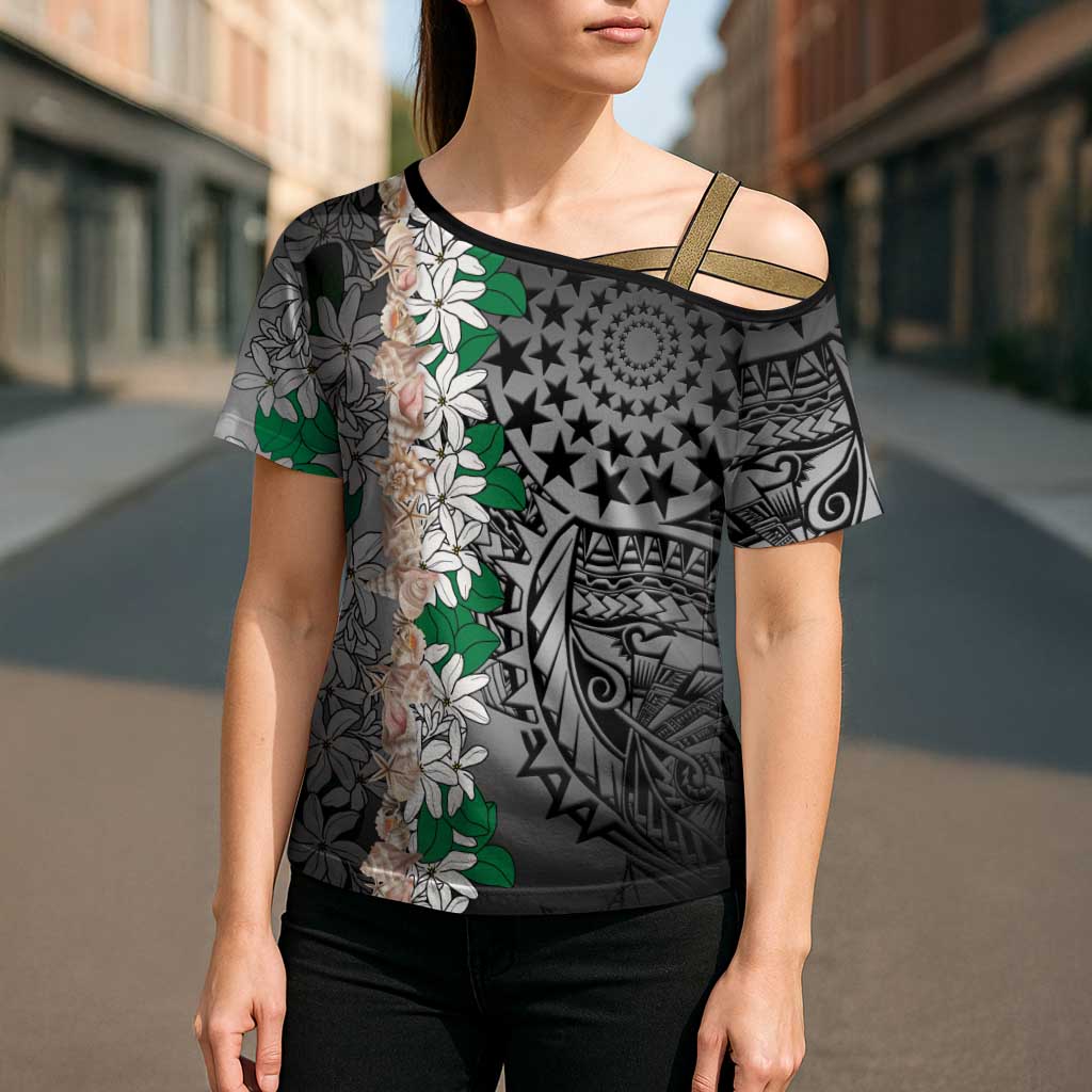 Cook Islands Tiare Maori With Conch Shell Cross Shoulder Shirt Pasifika Fest Polynesian Tattoo Black