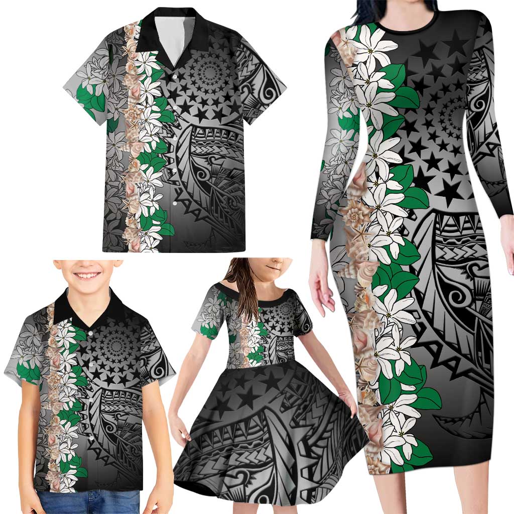 Cook Islands Tiare Maori With Conch Shell Family Matching Long Sleeve Bodycon Dress and Hawaiian Shirt Pasifika Fest Polynesian Tattoo Black