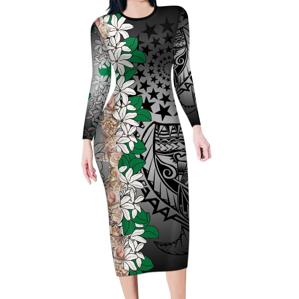 Cook Islands Tiare Maori With Conch Shell Family Matching Long Sleeve Bodycon Dress and Hawaiian Shirt Pasifika Fest Polynesian Tattoo Black