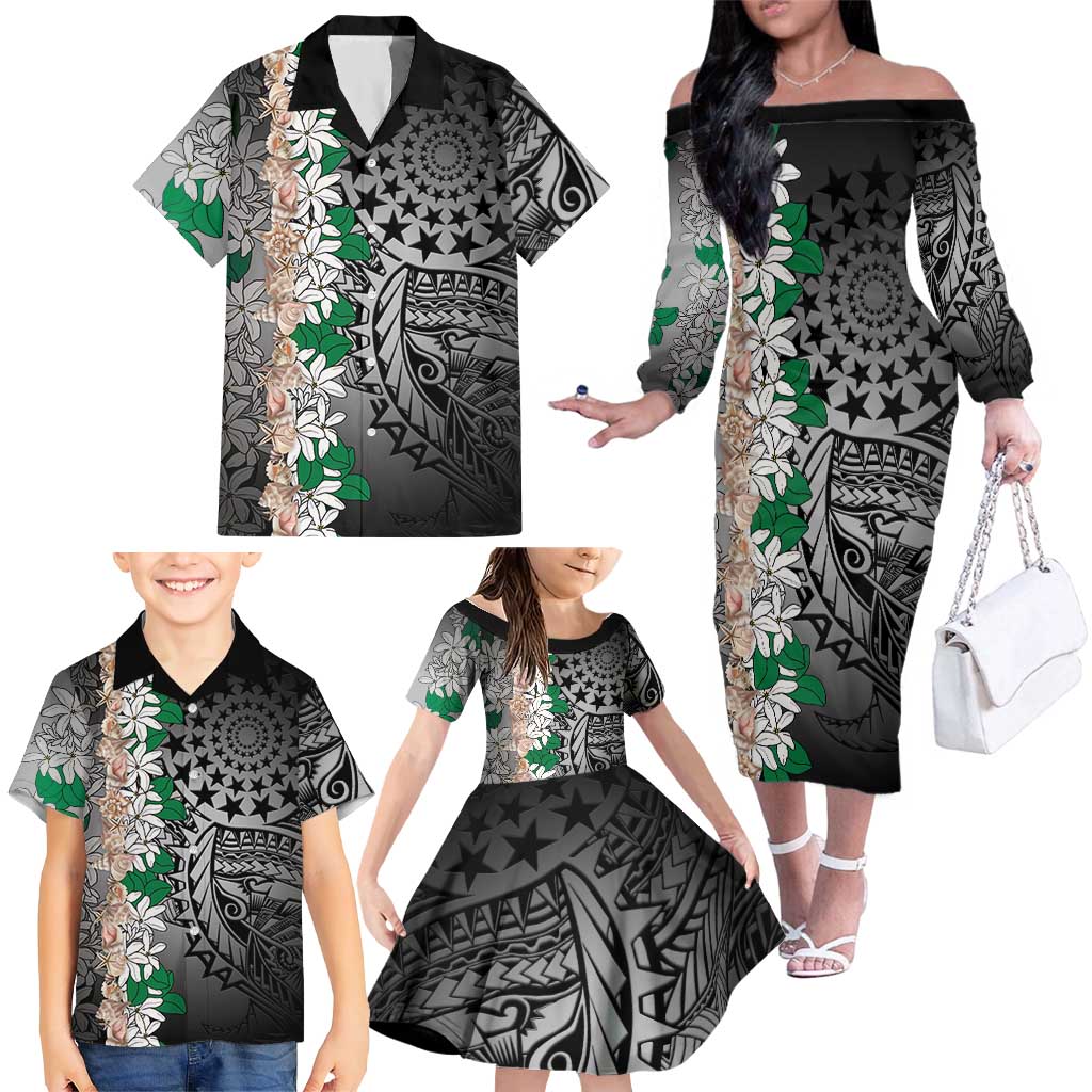 Cook Islands Tiare Maori With Conch Shell Family Matching Off The Shoulder Long Sleeve Dress and Hawaiian Shirt Pasifika Fest Polynesian Tattoo Black LT14 - Polynesian Pride