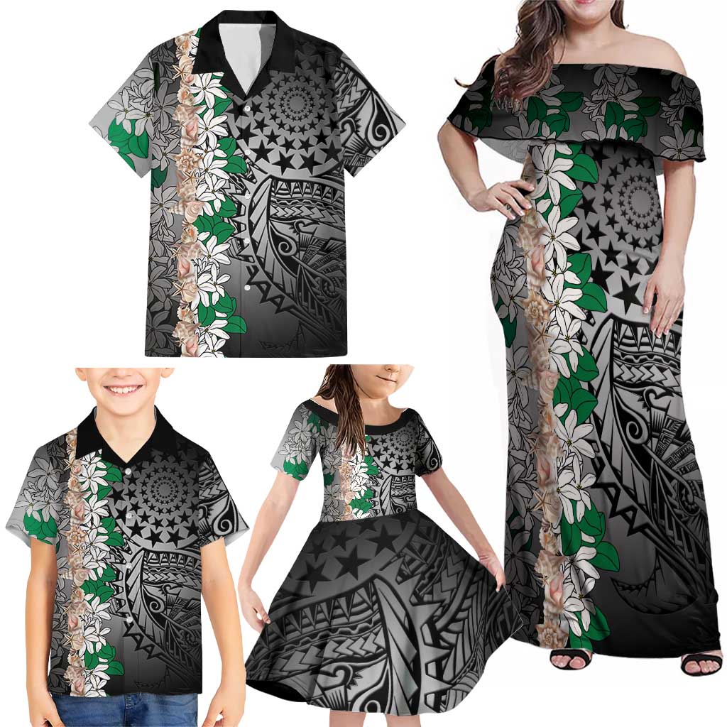 Cook Islands Tiare Maori With Conch Shell Family Matching Off Shoulder Maxi Dress and Hawaiian Shirt Pasifika Fest Polynesian Tattoo Black
