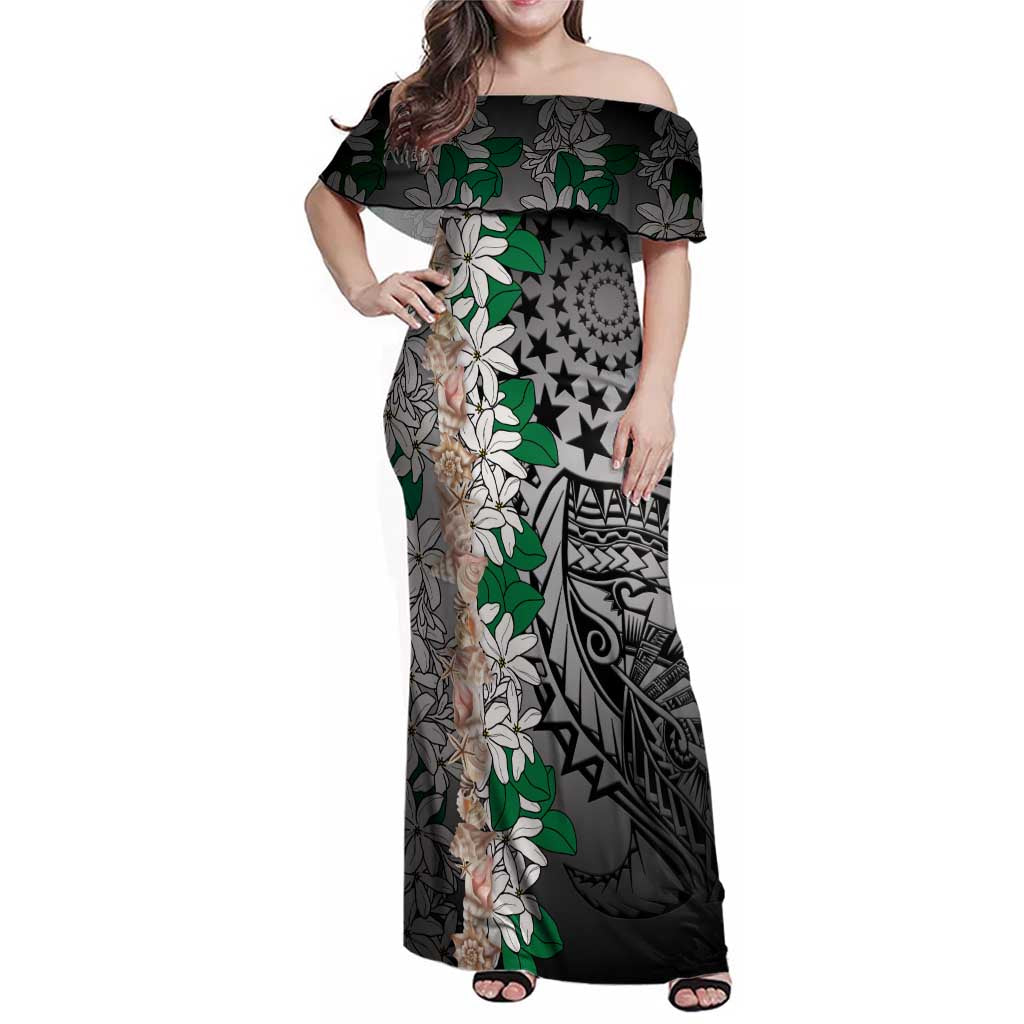 Cook Islands Tiare Maori With Conch Shell Family Matching Off Shoulder Maxi Dress and Hawaiian Shirt Pasifika Fest Polynesian Tattoo Black