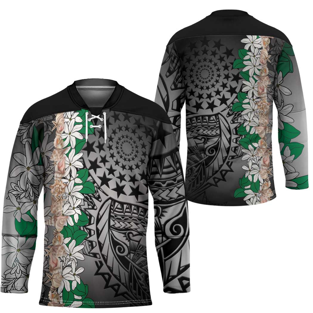 Cook Islands Tiare Maori With Conch Shell Hockey Jersey Pasifika Fest Polynesian Tattoo Black LT14 - Polynesian Pride
