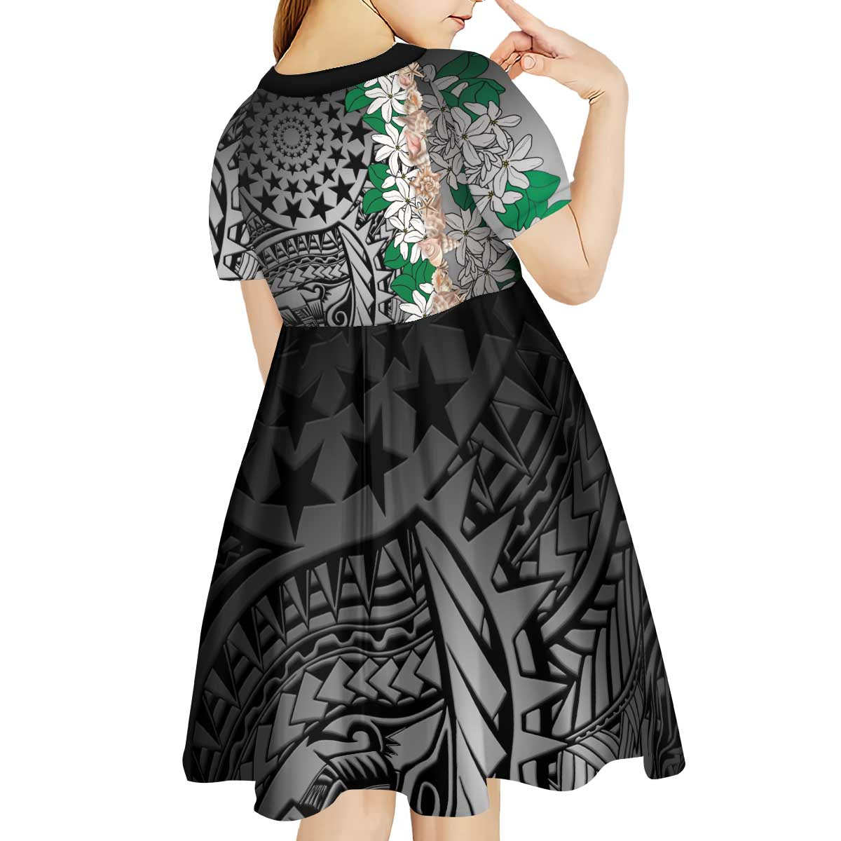 Cook Islands Tiare Maori With Conch Shell Kid Short Sleeve Dress Pasifika Fest Polynesian Tattoo Black LT14 - Polynesian Pride