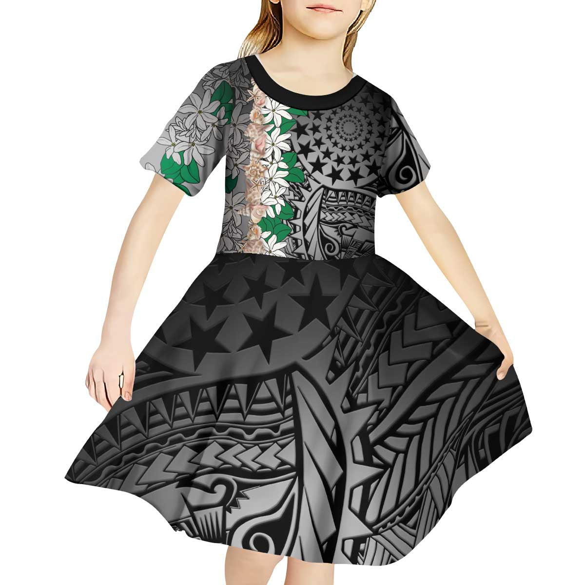 Cook Islands Tiare Maori With Conch Shell Kid Short Sleeve Dress Pasifika Fest Polynesian Tattoo Black LT14 - Polynesian Pride