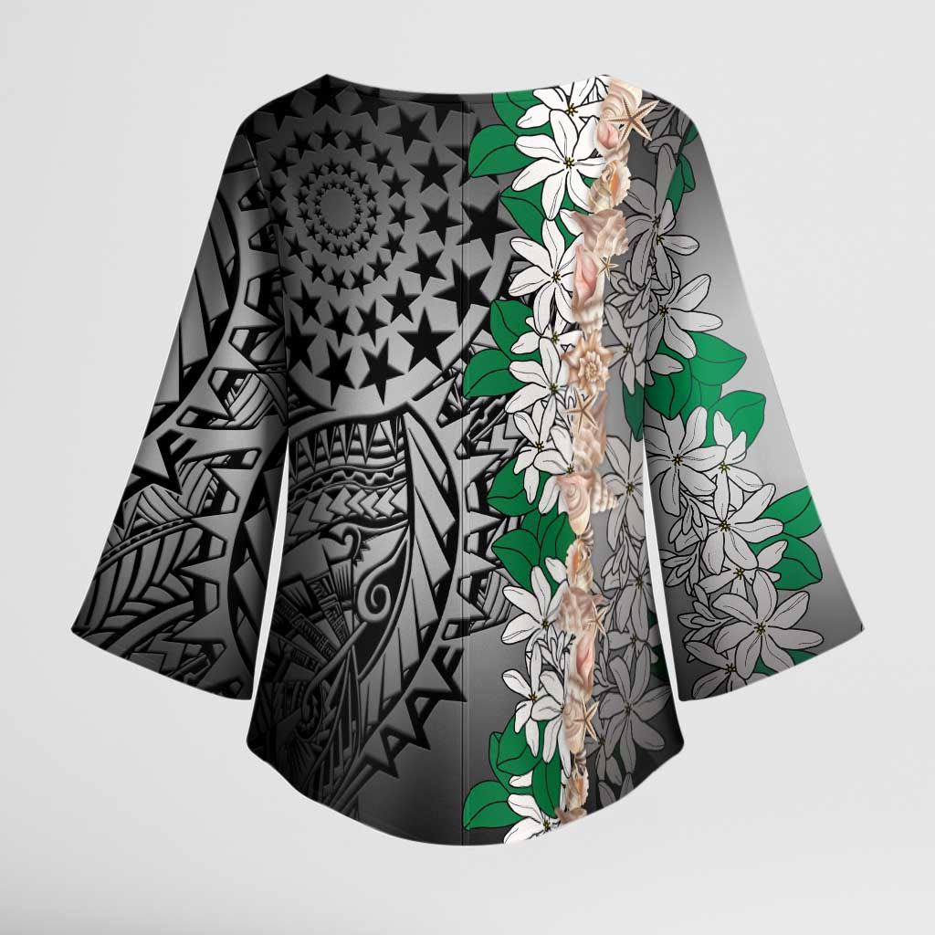 Cook Islands Tiare Maori With Conch Shell Kimono Sleeve Blouse Pasifika Fest Polynesian Tattoo Black