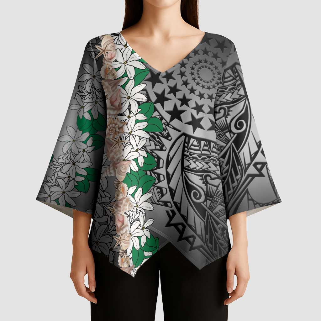 Cook Islands Tiare Maori With Conch Shell Kimono Sleeve Blouse Pasifika Fest Polynesian Tattoo Black