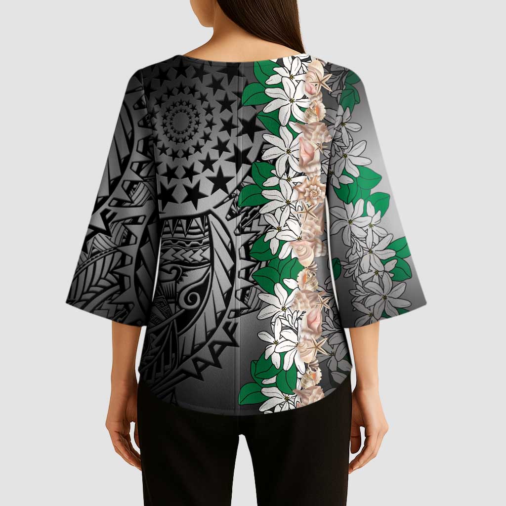 Cook Islands Tiare Maori With Conch Shell Kimono Sleeve Blouse Pasifika Fest Polynesian Tattoo Black