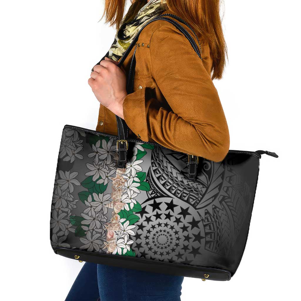Cook Islands Tiare Maori With Conch Shell Leather Tote Bag Pasifika Fest Polynesian Tattoo Black LT14 Black - Polynesian Pride