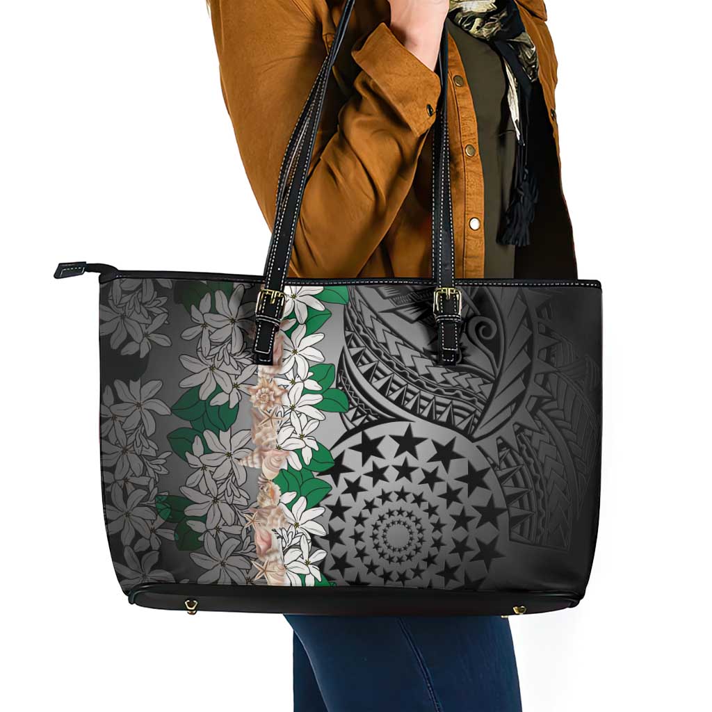 Cook Islands Tiare Maori With Conch Shell Leather Tote Bag Pasifika Fest Polynesian Tattoo Black LT14 - Polynesian Pride