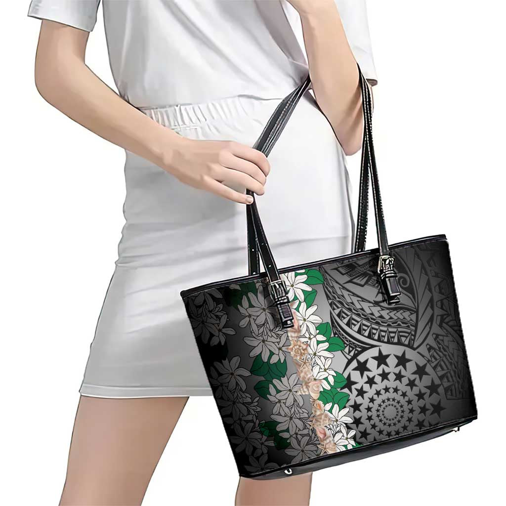Cook Islands Tiare Maori With Conch Shell Leather Tote Bag Pasifika Fest Polynesian Tattoo Black LT14 - Polynesian Pride