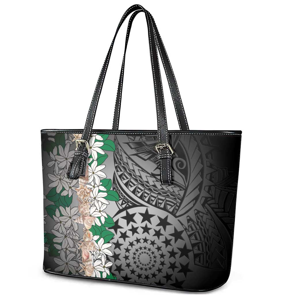 Cook Islands Tiare Maori With Conch Shell Leather Tote Bag Pasifika Fest Polynesian Tattoo Black LT14 - Polynesian Pride