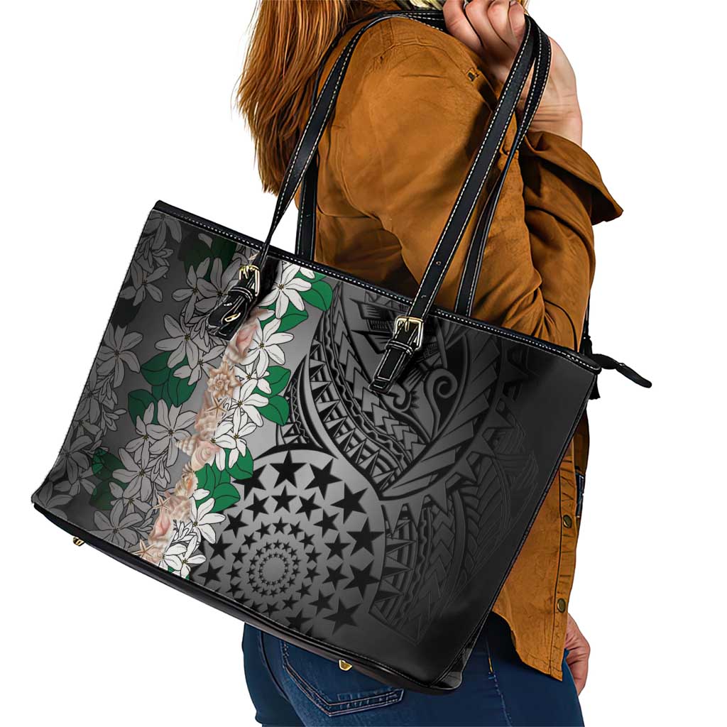 Cook Islands Tiare Maori With Conch Shell Leather Tote Bag Pasifika Fest Polynesian Tattoo Black LT14 - Polynesian Pride