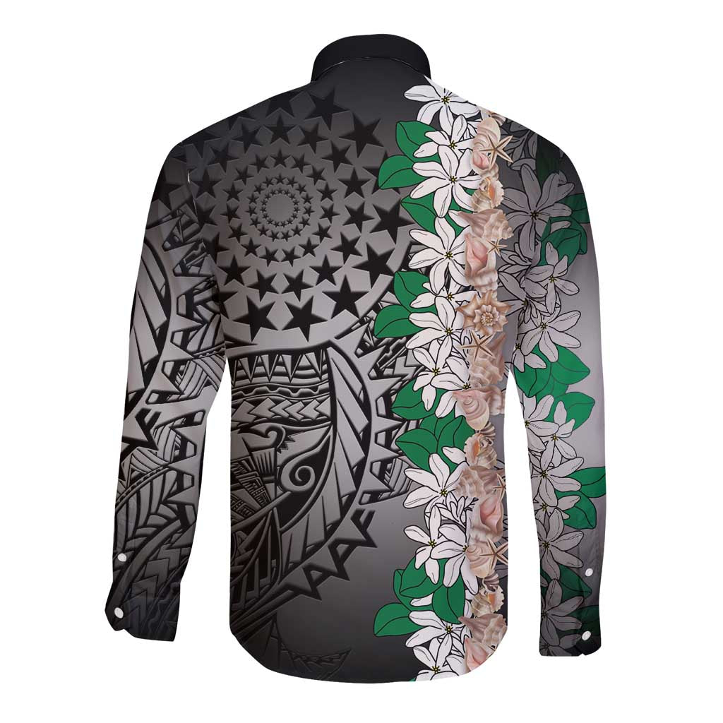 Cook Islands Tiare Maori With Conch Shell Long Sleeve Button Shirt Pasifika Fest Polynesian Tattoo Black LT14 - Polynesian Pride