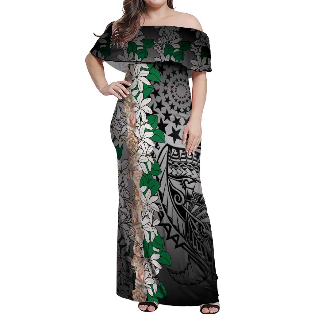 Cook Islands Tiare Maori With Conch Shell Off Shoulder Maxi Dress Pasifika Fest Polynesian Tattoo Black LT14 Women Black - Polynesian Pride