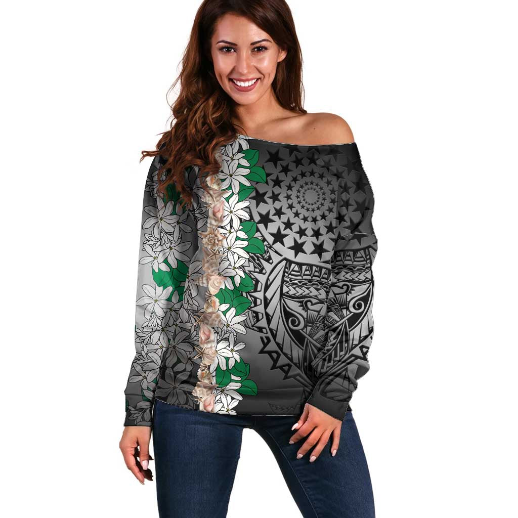Cook Islands Tiare Maori With Conch Shell Off Shoulder Sweater Pasifika Fest Polynesian Tattoo Black