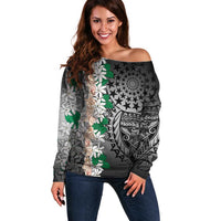 Cook Islands Tiare Maori With Conch Shell Off Shoulder Sweater Pasifika Fest Polynesian Tattoo Black