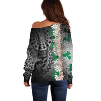 Cook Islands Tiare Maori With Conch Shell Off Shoulder Sweater Pasifika Fest Polynesian Tattoo Black
