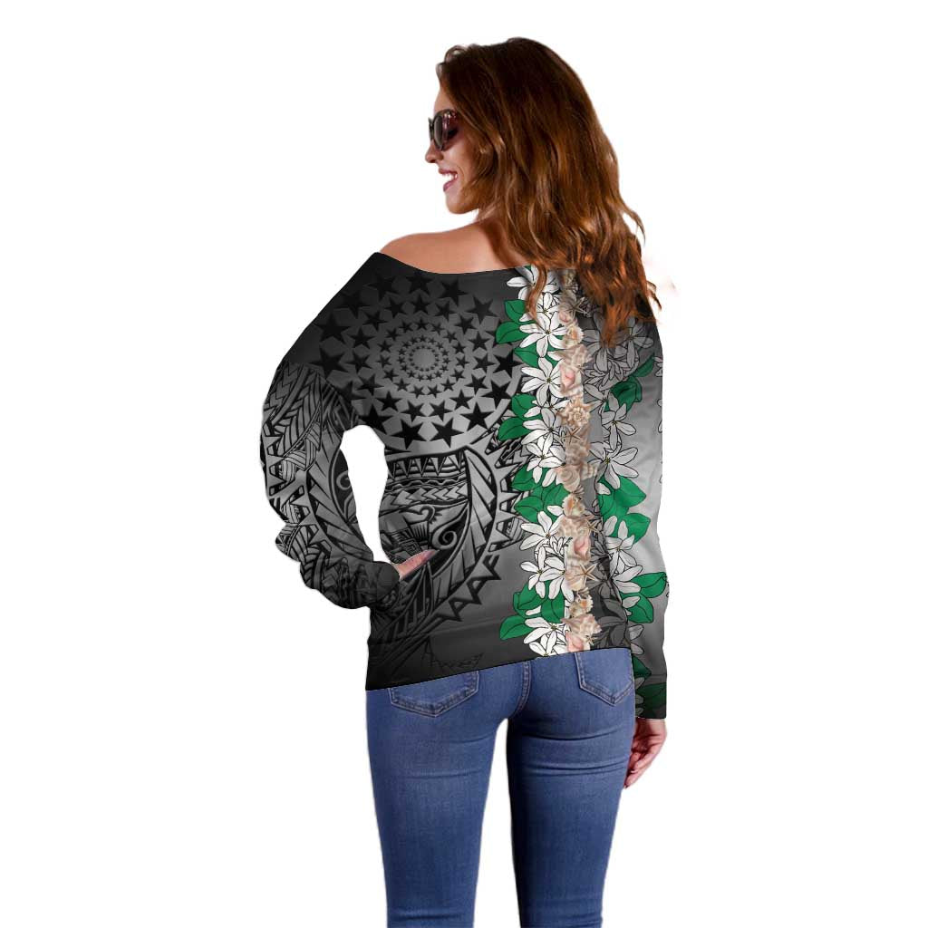 Cook Islands Tiare Maori With Conch Shell Off Shoulder Sweater Pasifika Fest Polynesian Tattoo Black