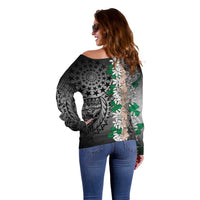 Cook Islands Tiare Maori With Conch Shell Off Shoulder Sweater Pasifika Fest Polynesian Tattoo Black