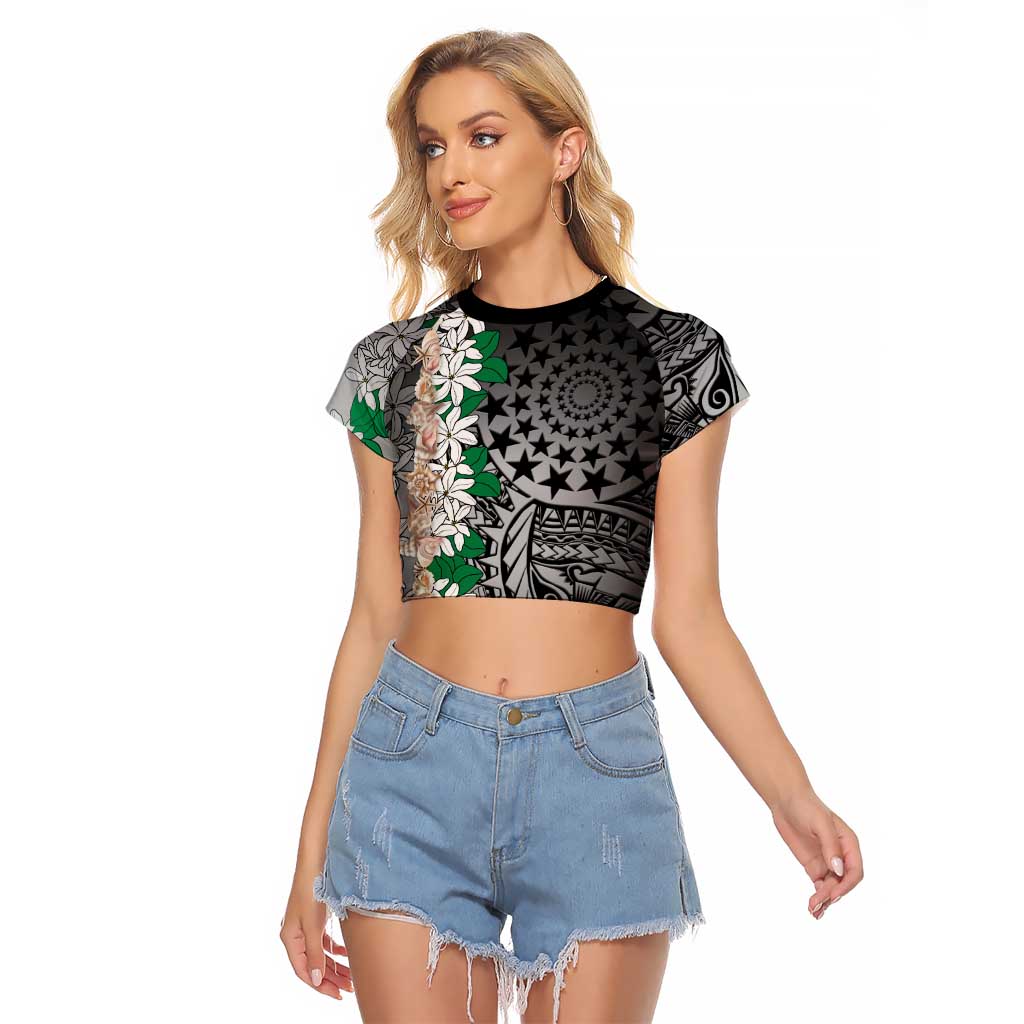 Cook Islands Tiare Maori With Conch Shell Raglan Cropped T Shirt Pasifika Fest Polynesian Tattoo Black LT14 Female Black - Polynesian Pride