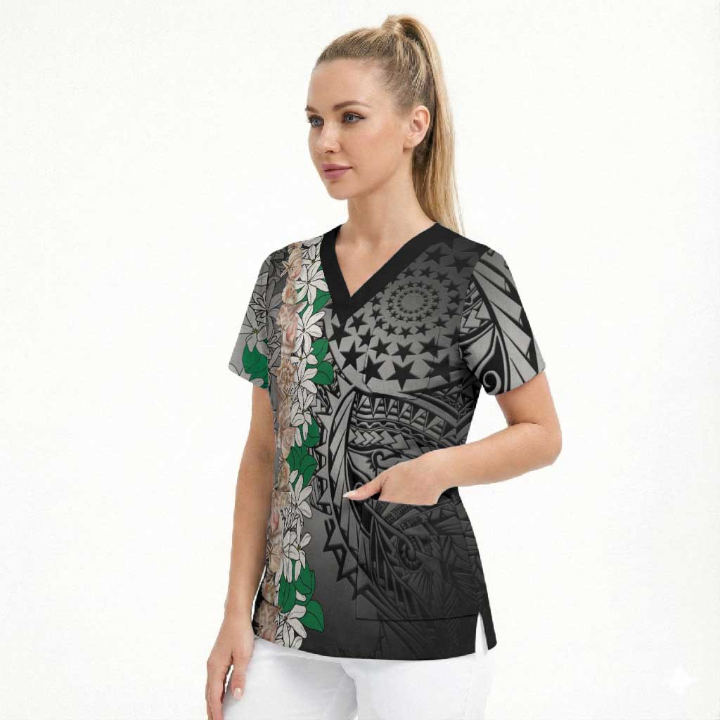 Cook Islands Tiare Maori With Conch Shell Scrub Top Pasifika Fest Polynesian Tattoo Black LT14 - Polynesian Pride