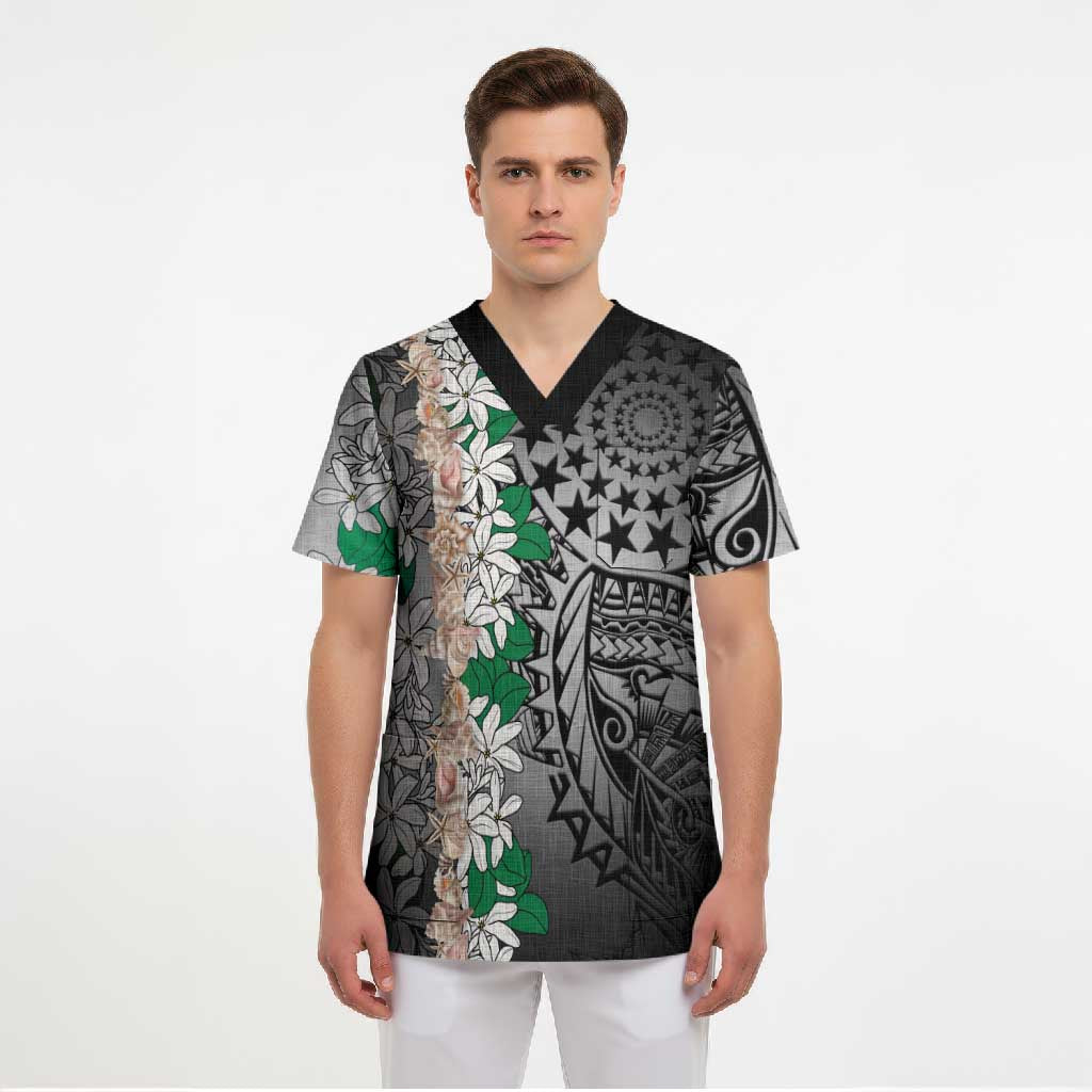 Cook Islands Tiare Maori With Conch Shell Scrub Top Pasifika Fest Polynesian Tattoo Black LT14 - Polynesian Pride