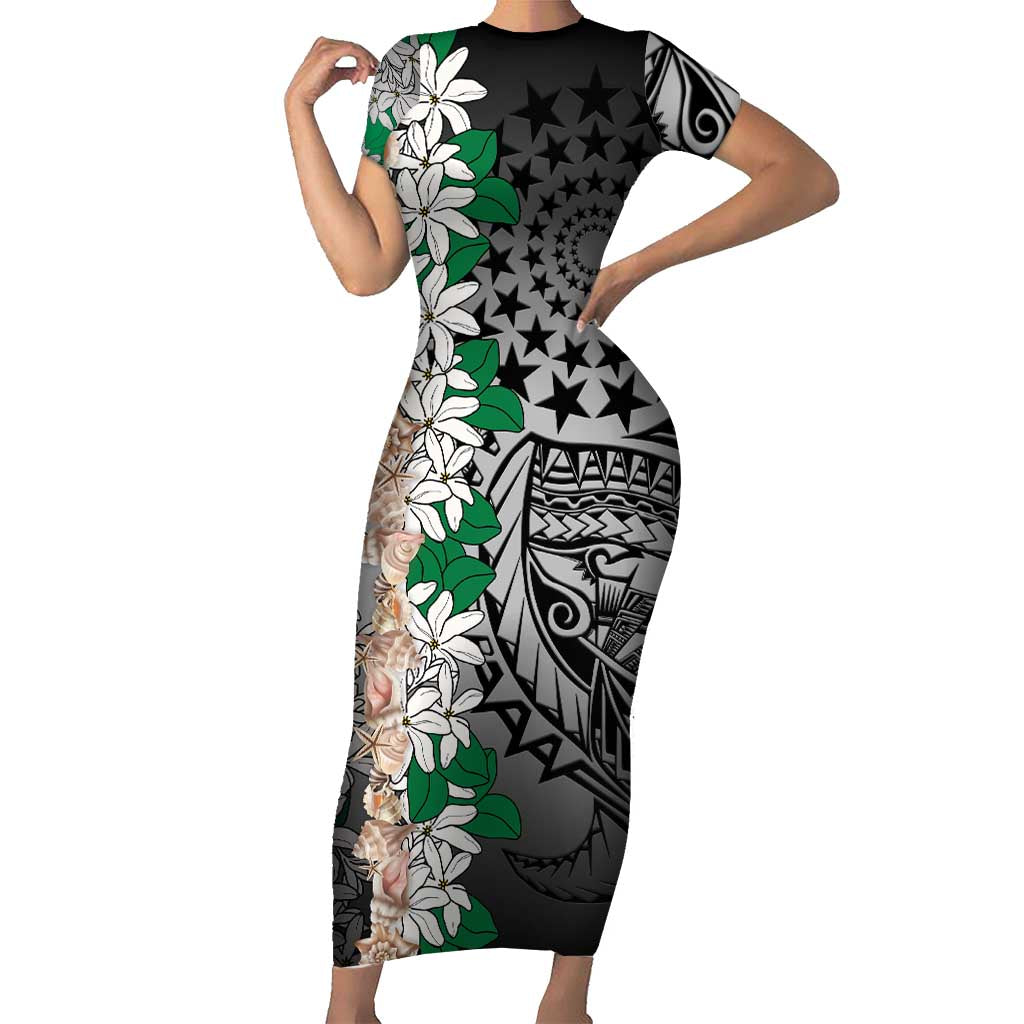 Cook Islands Tiare Maori With Conch Shell Short Sleeve Bodycon Dress Pasifika Fest Polynesian Tattoo Black