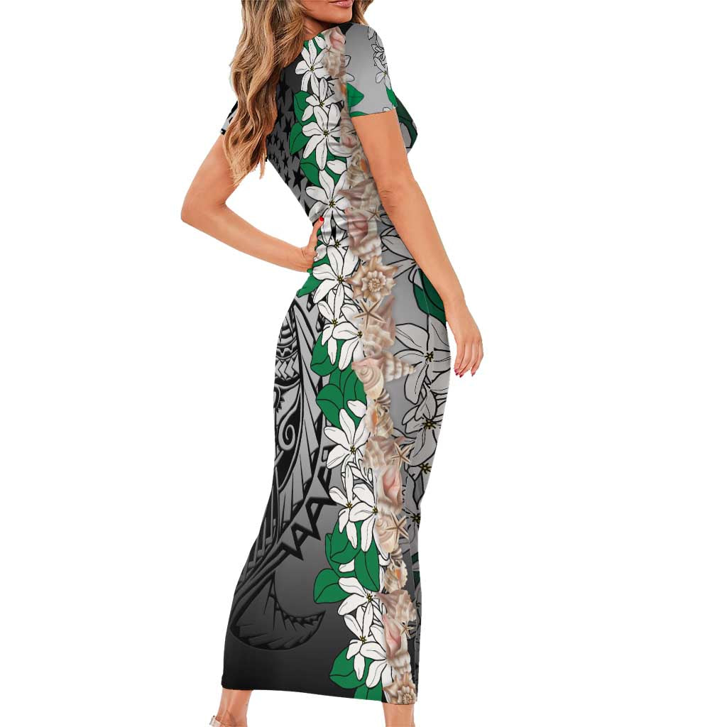 Cook Islands Tiare Maori With Conch Shell Short Sleeve Bodycon Dress Pasifika Fest Polynesian Tattoo Black