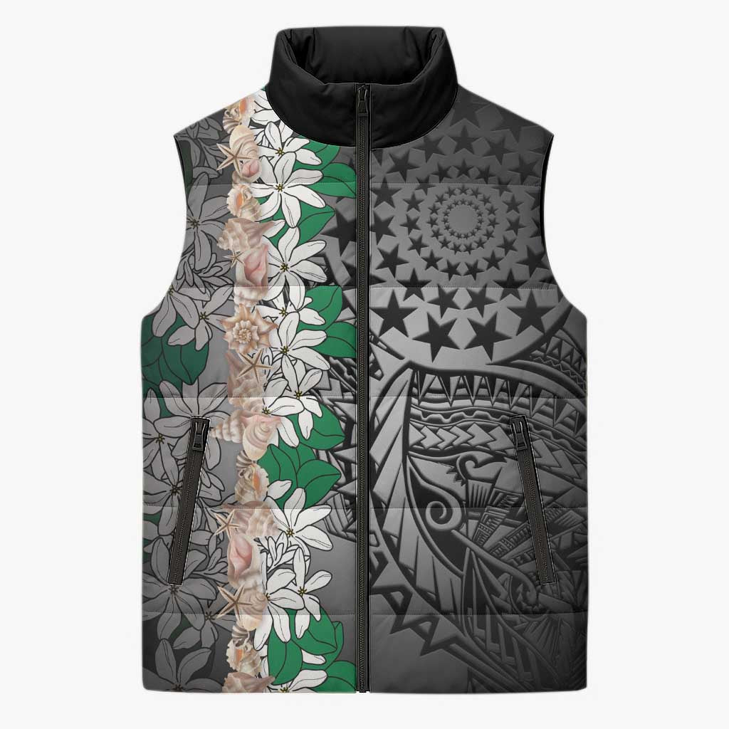 Cook Islands Tiare Maori With Conch Shell Sleeveless Puffer Jacket Pasifika Fest Polynesian Tattoo Black LT14 Unisex Black - Polynesian Pride