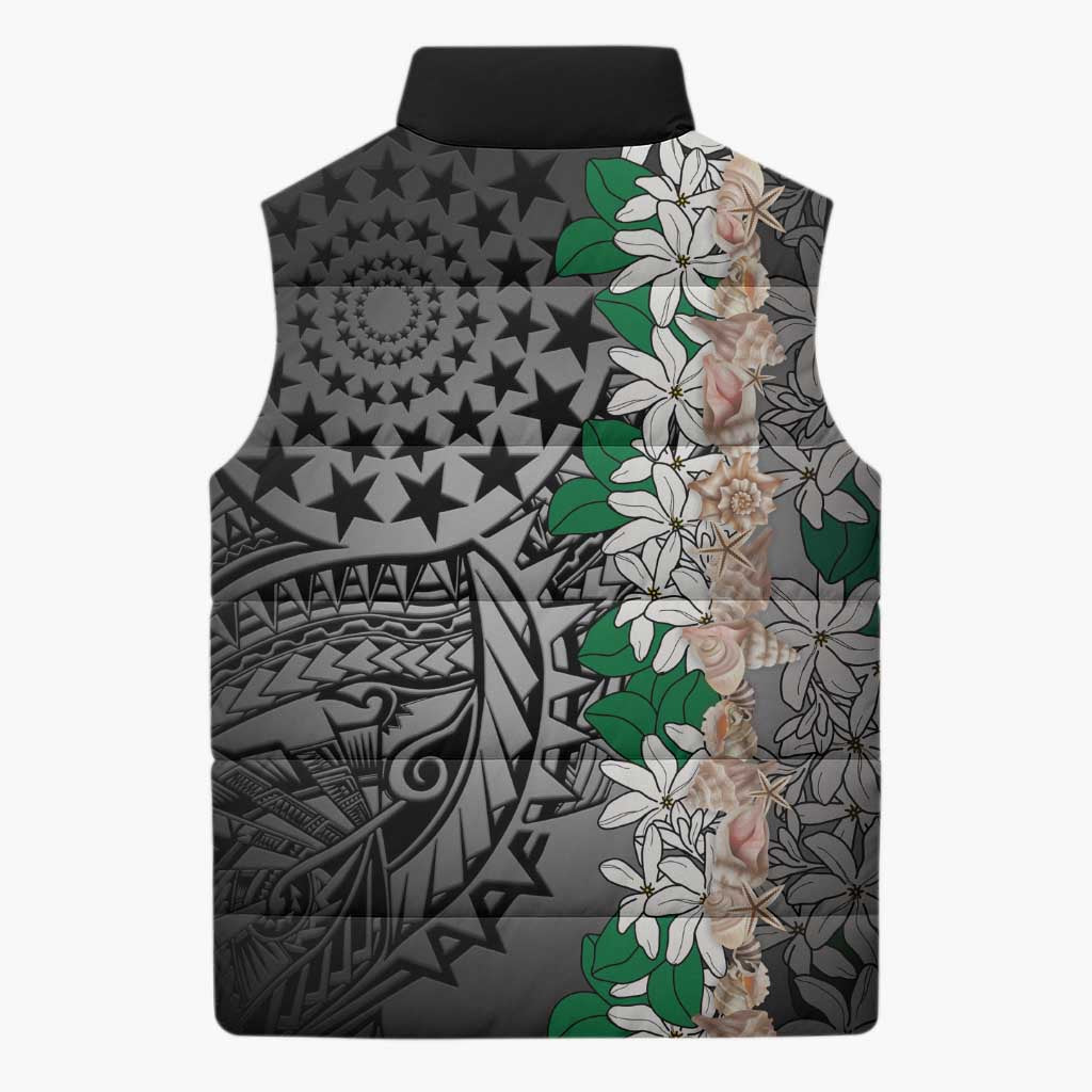 Cook Islands Tiare Maori With Conch Shell Sleeveless Puffer Jacket Pasifika Fest Polynesian Tattoo Black LT14 - Polynesian Pride