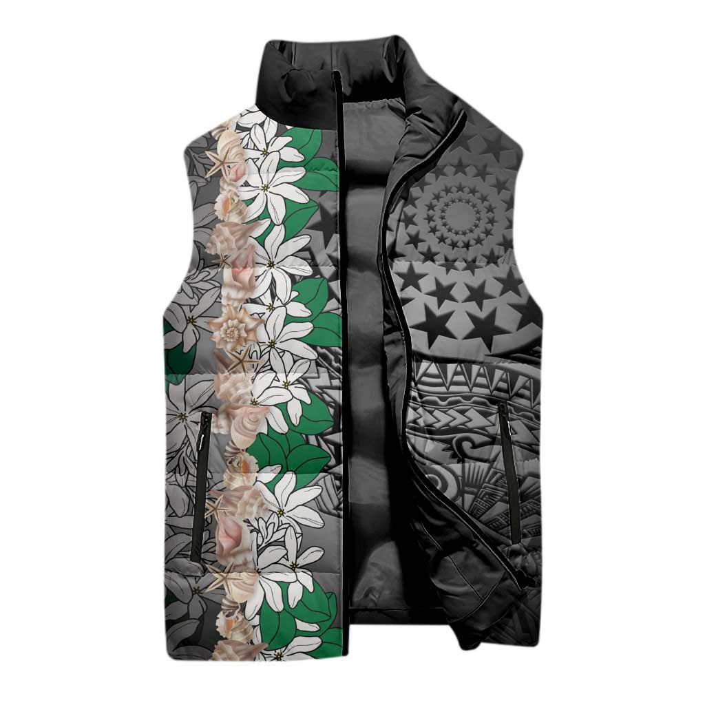 Cook Islands Tiare Maori With Conch Shell Sleeveless Puffer Jacket Pasifika Fest Polynesian Tattoo Black LT14 - Polynesian Pride