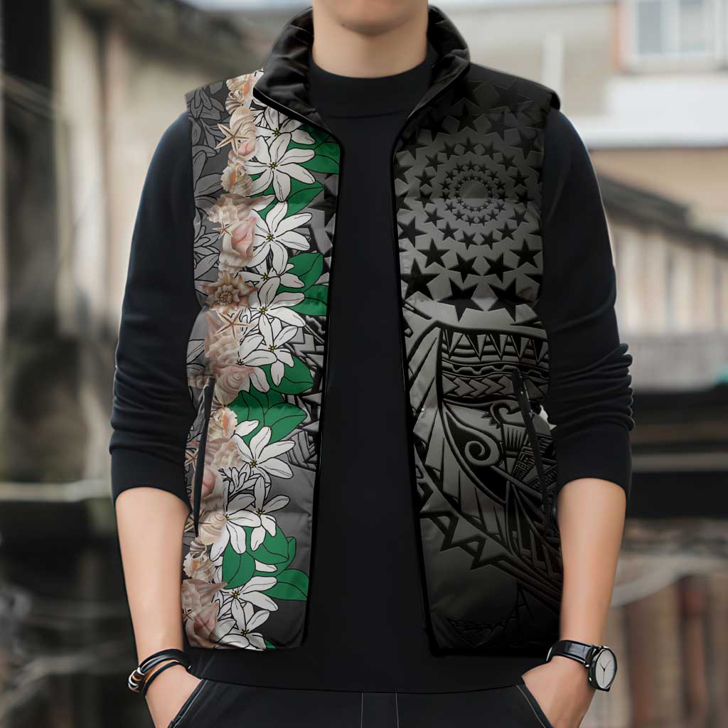 Cook Islands Tiare Maori With Conch Shell Sleeveless Puffer Jacket Pasifika Fest Polynesian Tattoo Black LT14 - Polynesian Pride