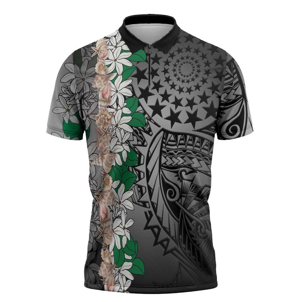 Cook Islands Tiare Maori With Conch Shell Zipper Polo Shirt Pasifika Fest Polynesian Tattoo Black LT14 Black - Polynesian Pride