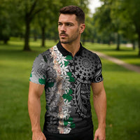Cook Islands Tiare Maori With Conch Shell Zipper Polo Shirt Pasifika Fest Polynesian Tattoo Black LT14 - Polynesian Pride